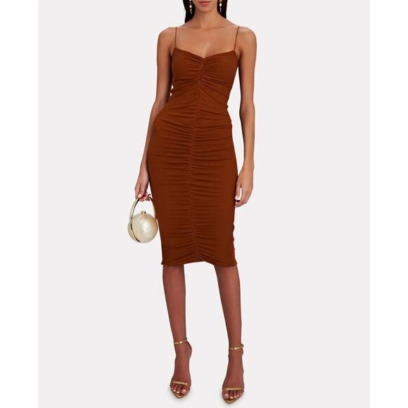ENZA COSTA Dress Womens XS Umber Stretch Silk Knit Ruched Strappy Midi NEW - Picture 1 of 16